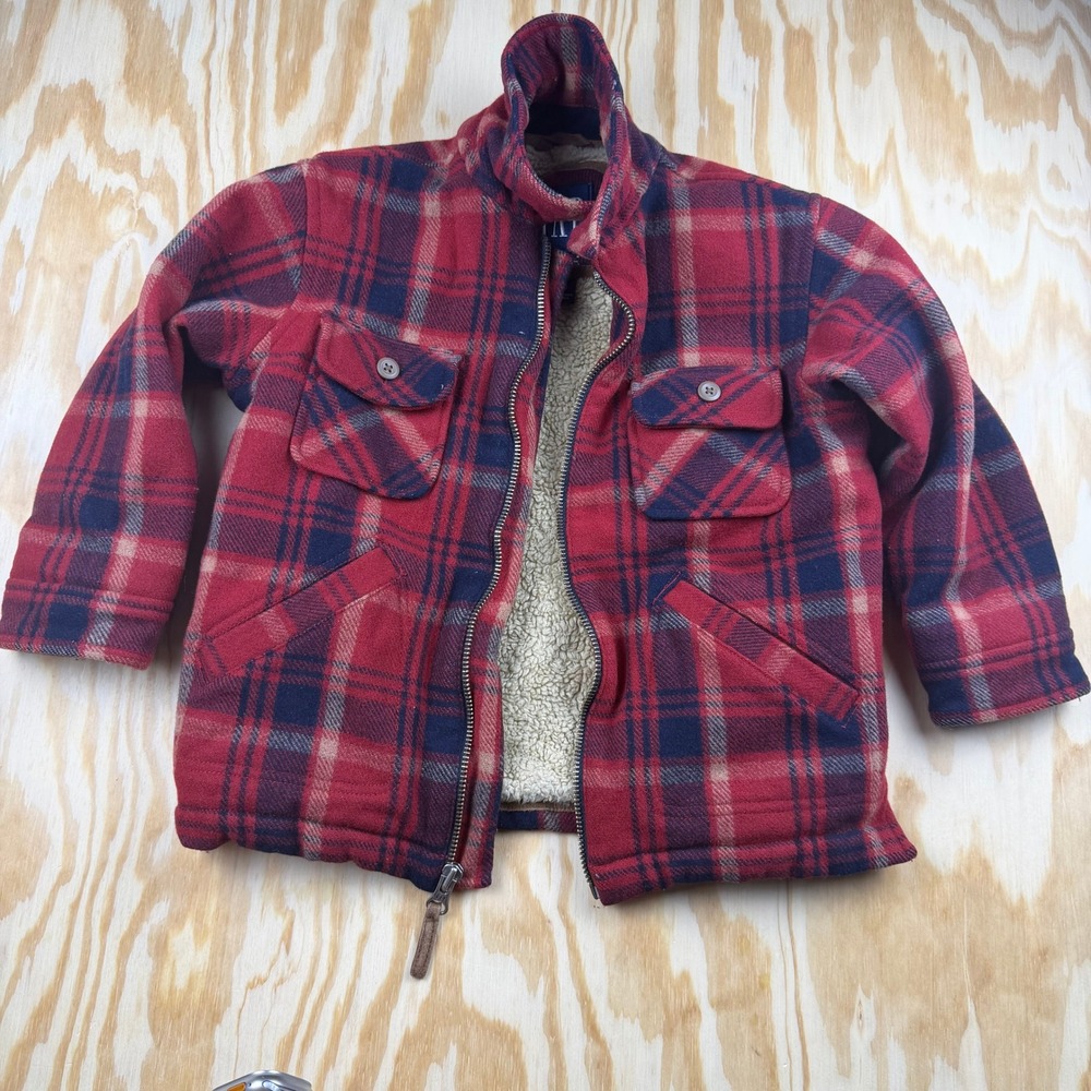 Gap Kids Red Blue Plaid Wool Blend Sherpa Lined Full Zip Jacket Size S 5-6